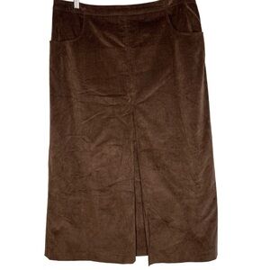 AK Anne Klein Chocolate Brown Corduroy Midi Skirt Side Zip Back Buckle Size 16